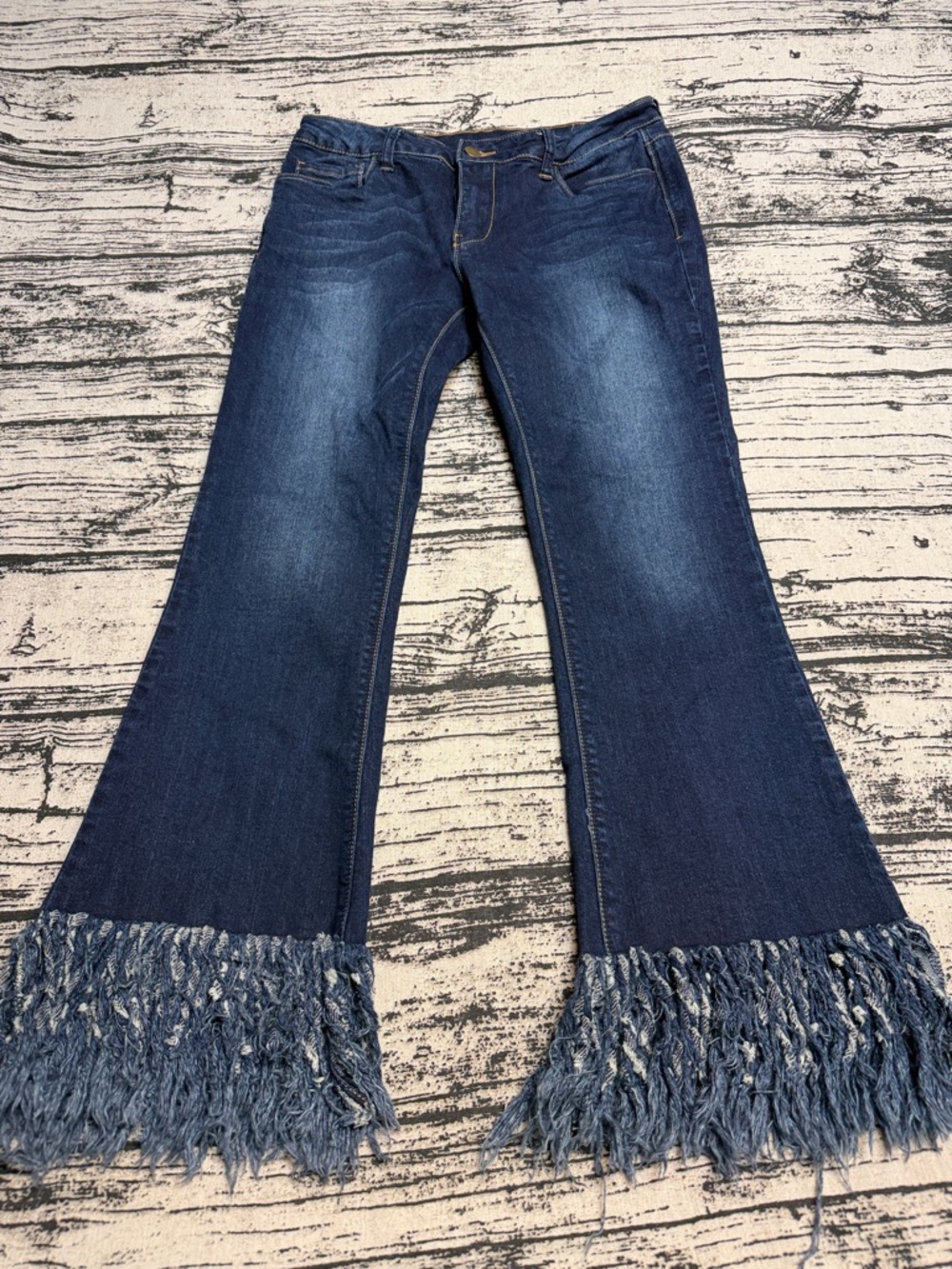 Fringe Hem Wide-Leg Jeans in Dark Blue